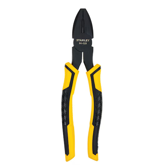 The STANLEY 8 IN BI-MAT LINESMAN PLIER, featuring ergonomic, textured grips and a built-in wire cutter, is shown against a white background.